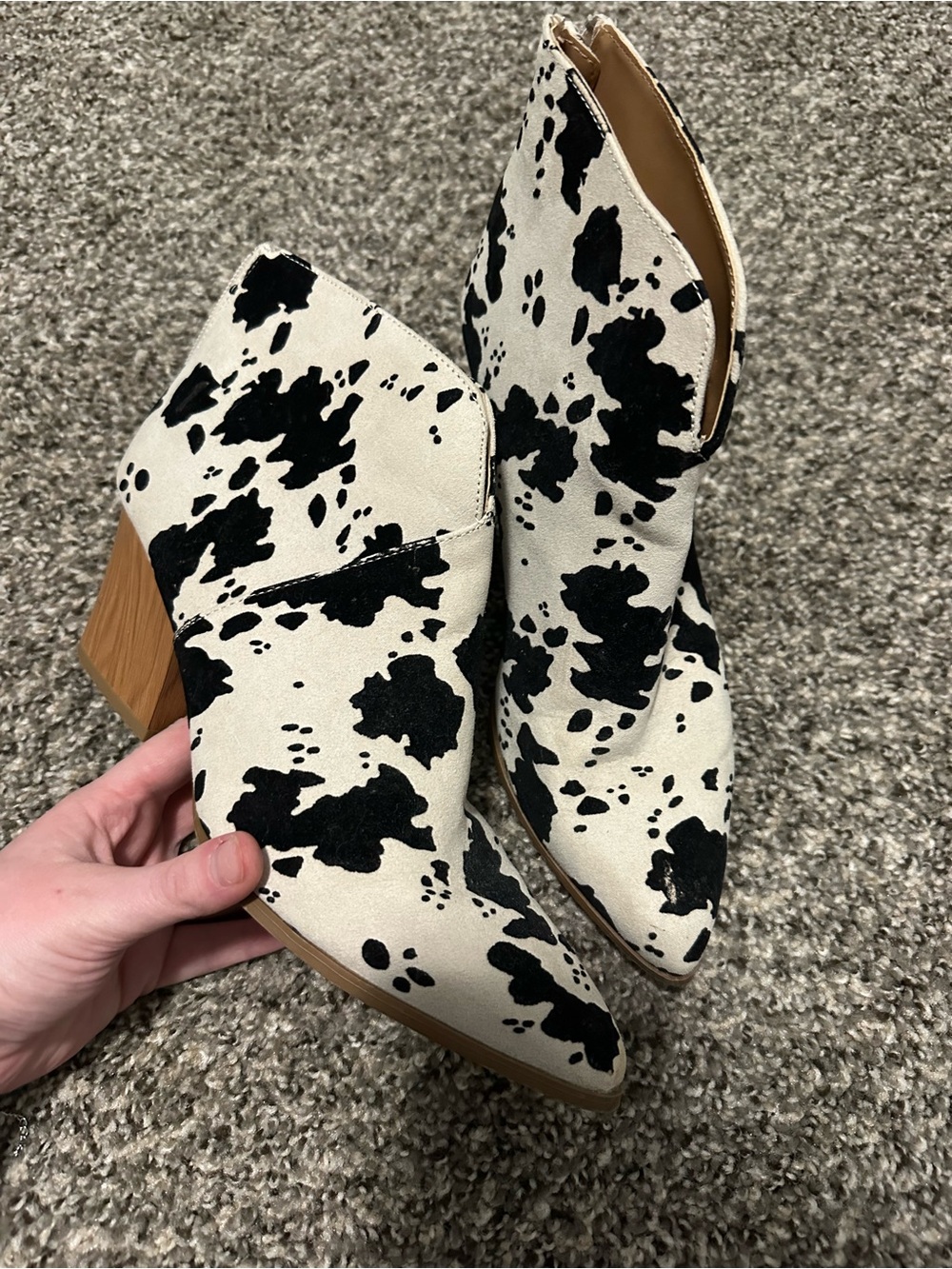 Cow Print Pointed Toe Ankle Boots - Black & White